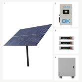 Off-grid solar kit featuring Sol-Ark 8K inverter, 3 Pytes V5 batteries, 8 solar panels, and a pole mount system for efficient energy storage and solar power generation